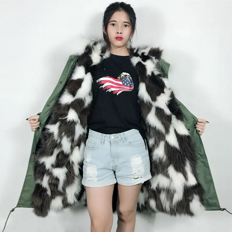 

2018 Winter Big Fur Collar Hooded Fox fur Liner Long Parka Jacket women Printing Outer Wear look good fox fur Coat