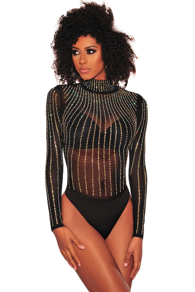 Black-Iridescent-Rhinestone-Studded-Mock-Neck-Long-Sleeves-Bodysuit-LC32341-2-1