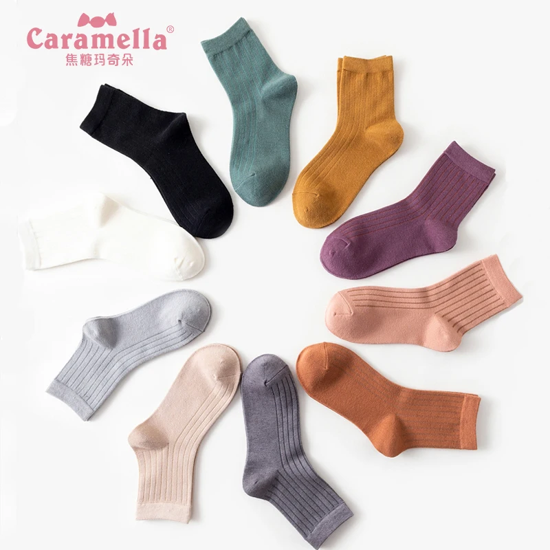 

Caramella 1 Pair Striped Cotton Women Socks Khaki Knitted Cashmere Fall Winter Warm Young Girls Socks Solid Color Hosiery