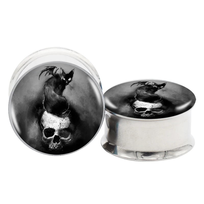 2pcs/Lot 316L Steel Cat Bat Skull Saddle Ear Plugs Flesh Tunnels Piercing Gauges Stretcher