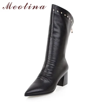 

Meotina 2018 Winter Women Mid Calf Boots Pleated Ladies Western Boots Rivets Square High Heel Boots Zip Autumn Ladies Footwear