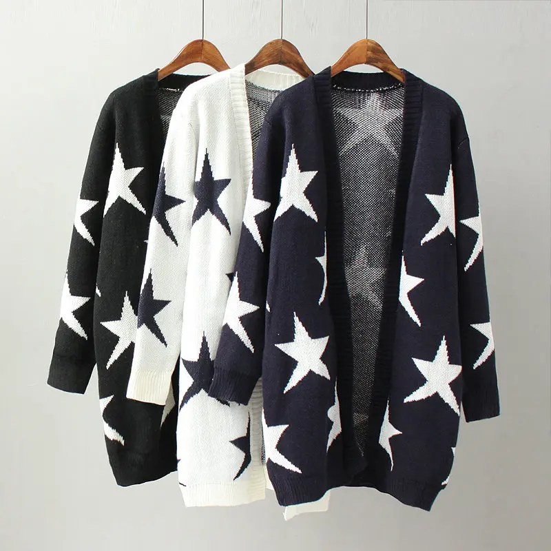 Winter 2016 Colors Star Cardigans Knitted Sweaters Women Long Sleeve