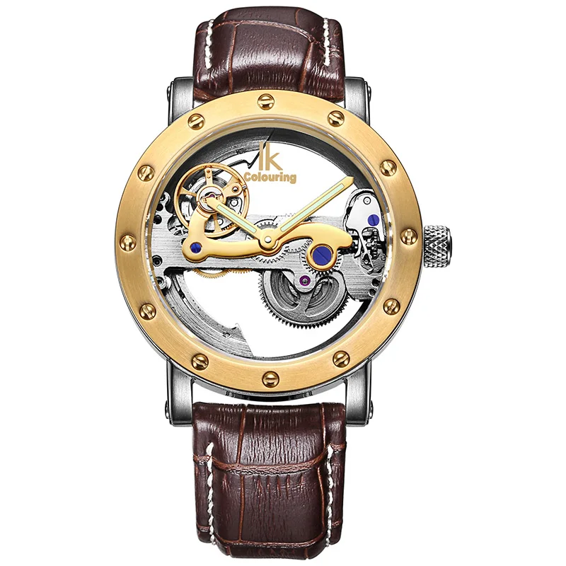 IK coloring оригинальные мужские наручные часы автоматические механические часы со скелетом прозрачные Брендовые мужские часы из нержавеющей стали Montre Homme - Цвет: Gold Brown