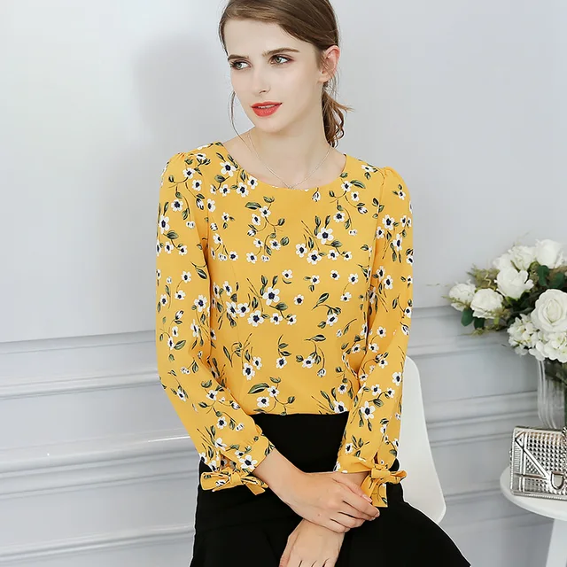 2018 Women Spring Autumn yellow Tops Chiffon Blouses Shirts Ladies