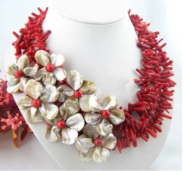 

hot sell new - Flower!!natural coral&ahell pearl neckalce/earring set Fashion AKOYA -hot