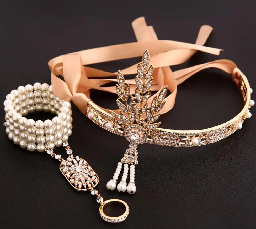 1920s винтажная повязка на голову с кристаллами в виде листа Грейт Гэтсби, жемчужная, розовая, золотая, черная свадебная тиара и корона, головной убор для невесты, украшения для волос