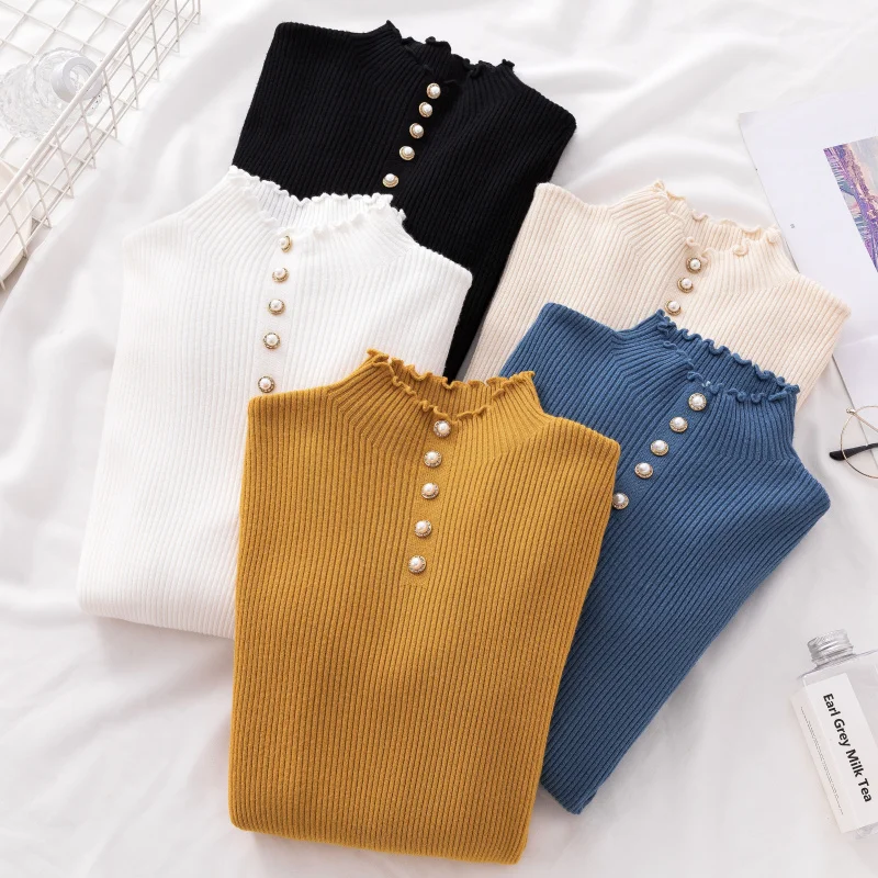 JEASS Winter Woman Sweater Knitting Pullovers Women Turtleneck Sweaters and Pullovers with Button High Elastic Solid Sweater JEASS Winter Woman Sweater Knitting Pullovers Women Turtleneck Sweaters and Pullovers with Button High Elastic Solid Sweater