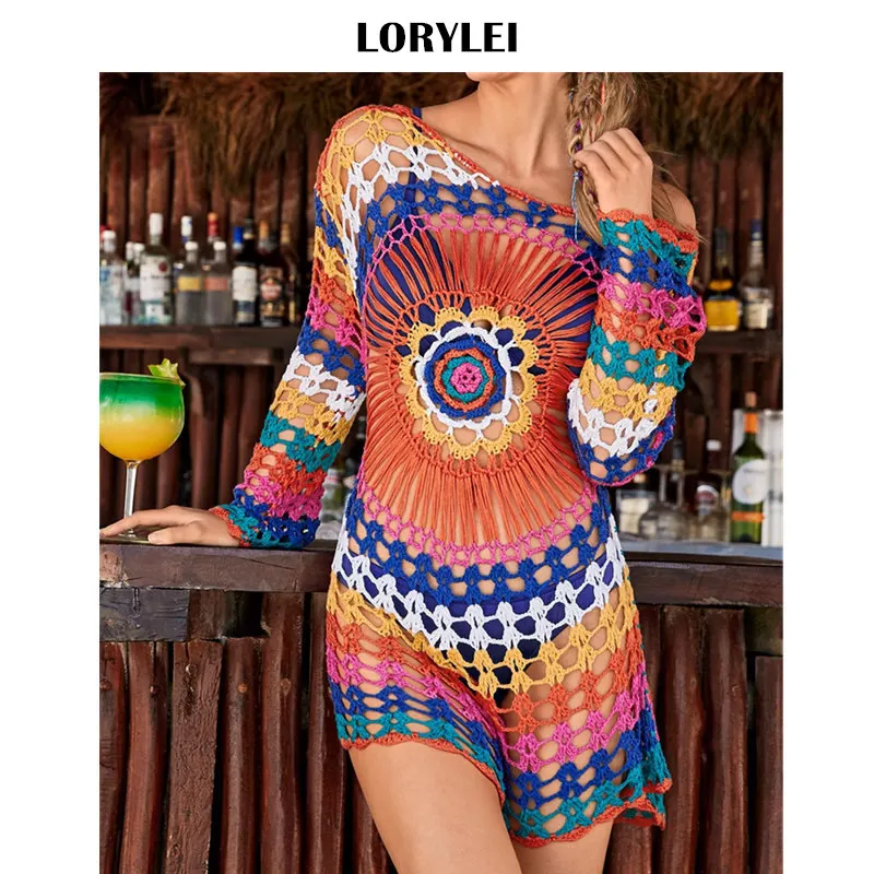 

Boho Handmade Multicolored Knitted Dress Sexy Hollow Out See Through Mini Beach Dress Swimwear Women Tunic Beach Cover Up N498