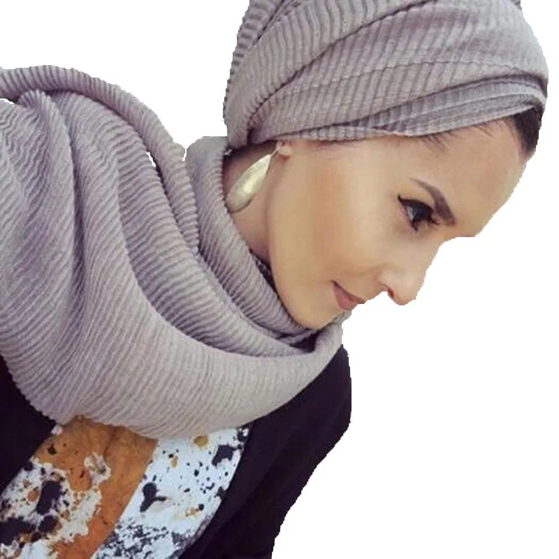 Women Pleated Cotton Hijabs Scarf Plain Wrinkle Crinkle Crimp Shawl Wraps Stole Muffler Muslim Hijab Headscarf 22Color 180x80cm