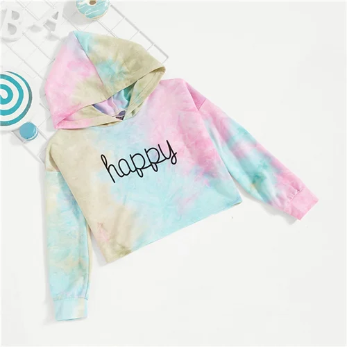 SHEIN/милые толстовки для девочек с надписью «Happy Print Tie Dye», топы для девочек, г. Весенние корейские модные толстовки с длинными рукавами для девочек - Цвет: Многоцветный