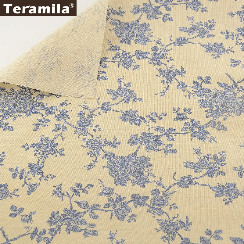 TERAMILA Rough Linen Fabric Printed Blue Branches Design Sewing Material Tissue Tablecloth Pillow Bag Curtain Cushion Per Meter