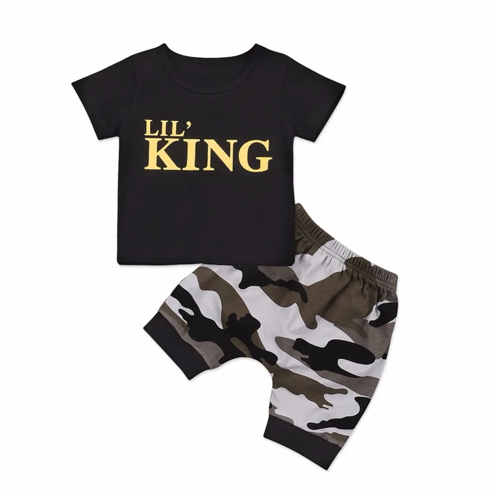 

Baby Kid Boy Clothes Set Summer Boy Clothing Set King Print Short Sleeves Top+ Camouflage Pant 2pcs kids Clothes Set