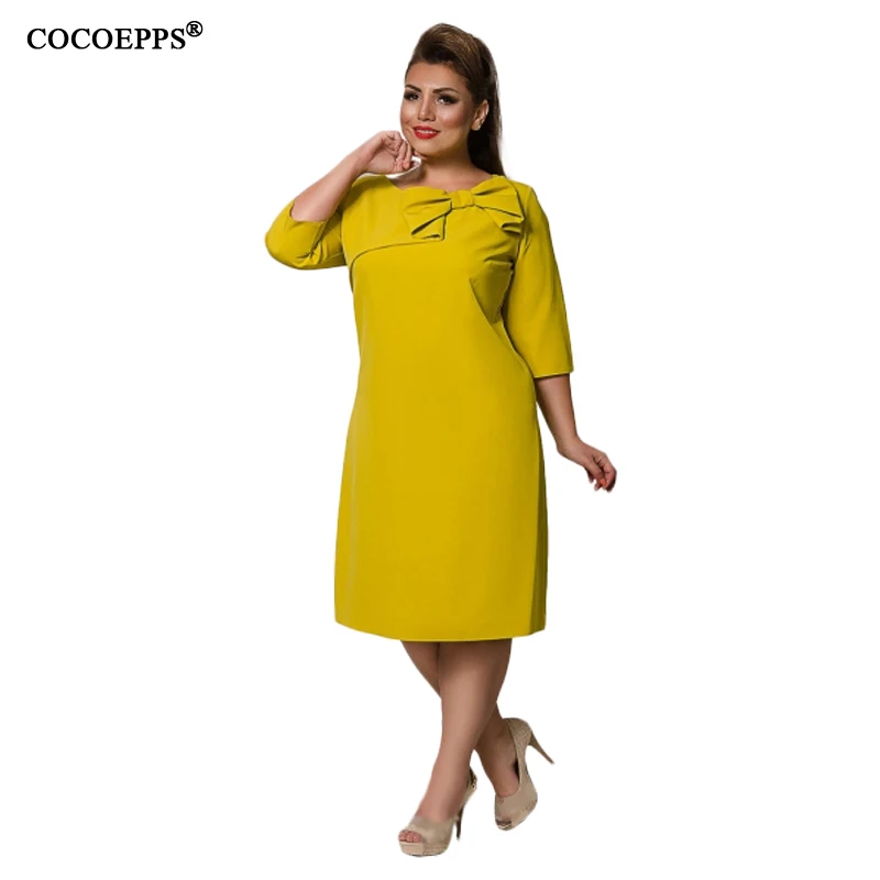 COCOEPPS осень зима новые женские платья сплошного размера плюс элегантные женские платья с бантом модные большие размеры три четверти - Цвет: yellow