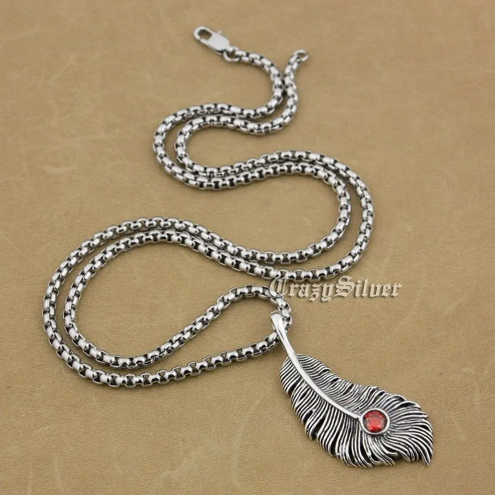 925 Sterling Silver Feather Red CZ Stone Mens Biker Rocker Punk Pendant 9V004 (Steel Necklace 24inch)