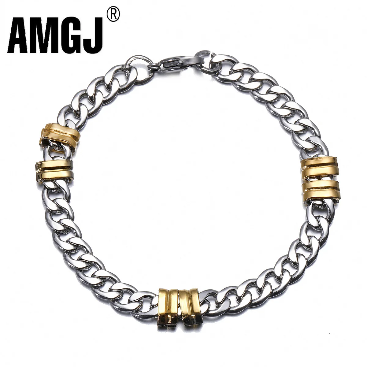 

AMGJ Men Cuff Bracelet Gold Color Stainless Steel Chain Link Bracelet Hip Hop Rock Jewelry