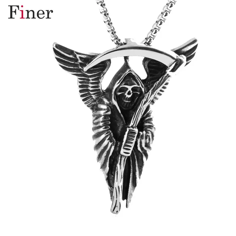 

Mens Boys Large Grim Reaper Skull Stainless Steel Biker Pendant with Box Chain Necklace Jewelry