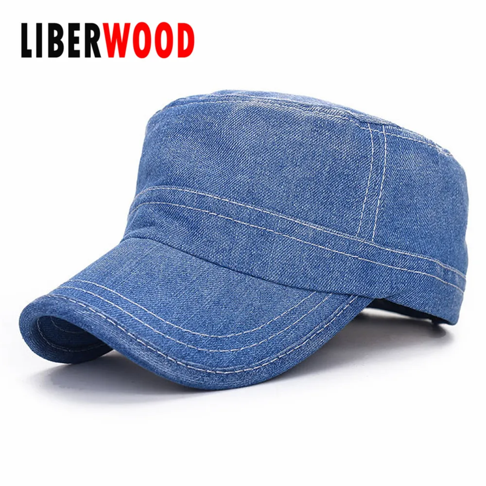 men women flat top cap Denim Plain Solid Blue Jeans Cap flat top Cowboy