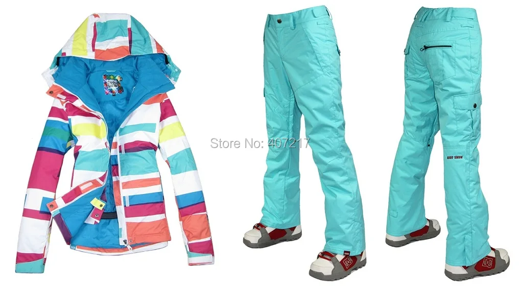 2017 حار إمرأة تزلج الدعاوى السيدات البدلة الجليد تزلج الملونة شريط سترة و الأصفر الأخضر السراويل للماء تنفس XS-L