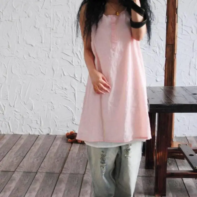 

Brief Simple Tank Dress Women Roupas 2018 Solid Cotton Linen Dresses Loose Sleevelss Casual Dress Pink White Vestidos Femininos