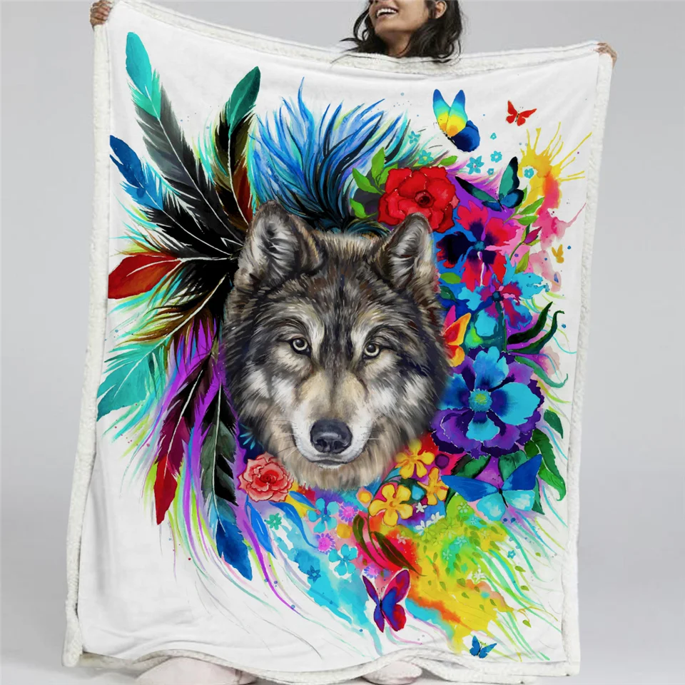 BlessLiving Boho Wolf Plush Blanket Watercolor Colorful Flowers Pattern