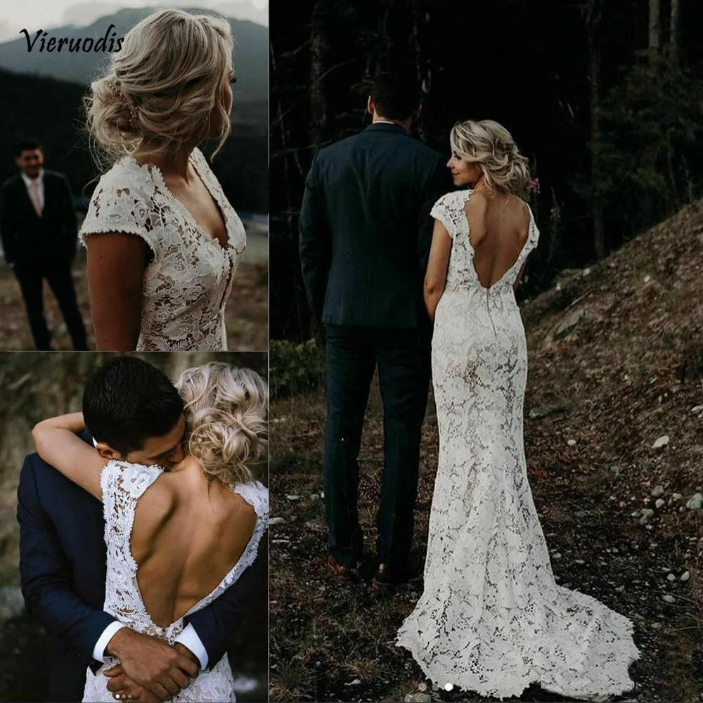 1-1          Boho Lace Wedding Dresses Vintage V Neck Low Back Country Beach Bridal Gowns
