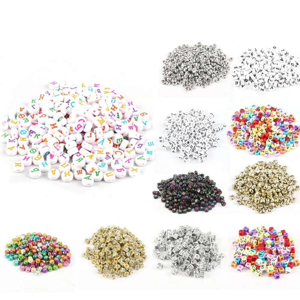 

100PCS 6*6/4*7mm Random Mixed White Russian Letters Alphabet Acrylic Cube Loose Spacer Beads For Kid DIY Jewelry Making