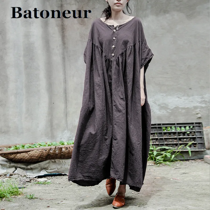 Johnature-Women-Summer-Dresses-Cotton-Linen-2017-New-Casual-Robes-Button-Short-Sleeve-Loose-Plus-Size