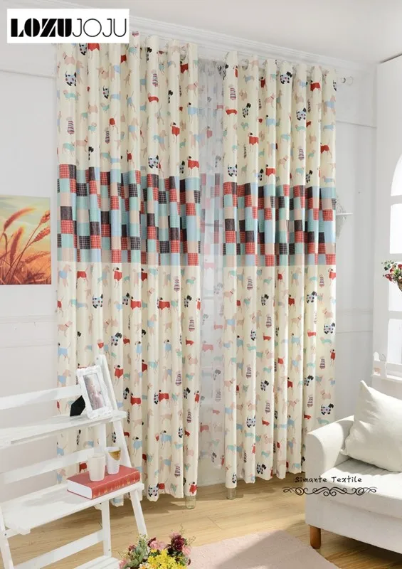 

LOZUJOJU Free shipping fancy modern dog design cartoon semi blackout curtains for kid bedroom window tulle sets for living room