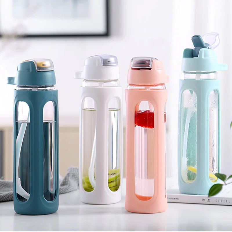 

600ML 540ML Glass Water Bottle Straw With Plastic Protective Case Portable Leakproof My Water Bottles For Sports Hiking