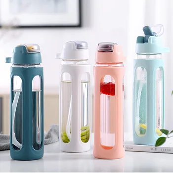 

600ML Glass Water Bottle Straw With Plastic Protective Case Portable Leakproof My Water Bottles For Sports Hiking