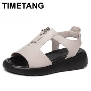 

TIMETANG Women Sandals Genuine Leather Platform Summer Shoes Open Toe Sandals Platform Wedges Women's Shoes Plus Size 34-43