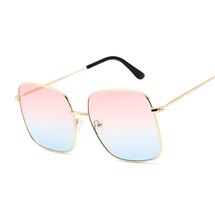 Ретро большие квадратные солнцезащитные очки для женщин, винтажные брендовые оттенки, прогрессивные металлические цветные солнцезащитные очки для женщин, модные дизайнерские солнцезащитные очки - Цвет линз: Pink Blue