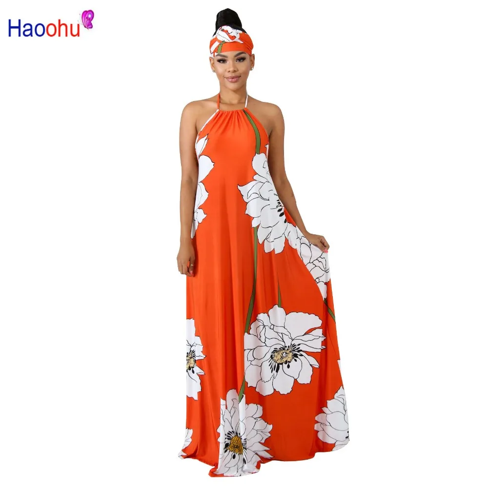 

Floral Print Summer Boho Dresses Women Off Shoulder Backless Long Beach Dress Casual Halter Sleeveless Maxi Dress With Headscarf