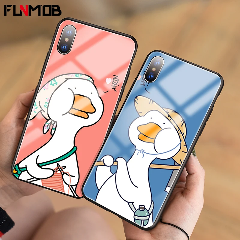 

Luxury Tempered Glass Phone Case For iPhone 6 6s 7 8 Plus Cute Couple Duck Silicone Case For iPhone X XR XS Max Back Cover Coque