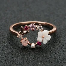 Moda criativa borboleta flores de cristal dedo anéis de casamento para mulher rosa ouro zircão glamour anel jóias presente da menina bijoux