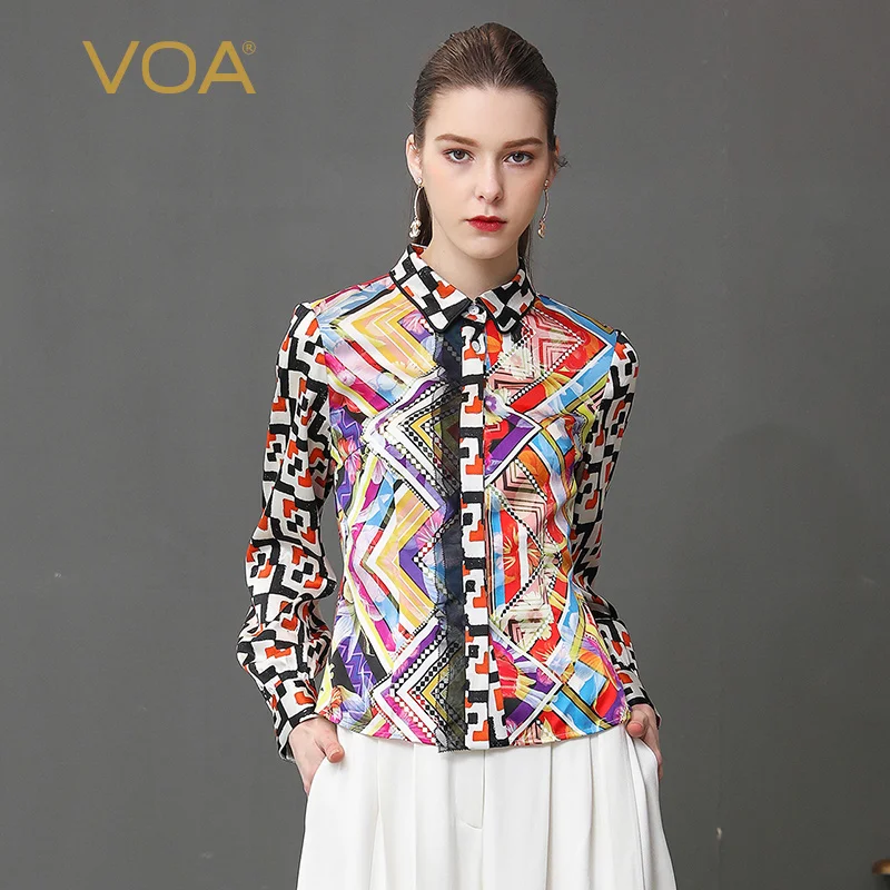 

VOA Silk Georgette Blouse Women Tops Basic Office Shirt Brief Plus Size 5XL Casual Sweet Multicolor Spring Long Sleeve B331
