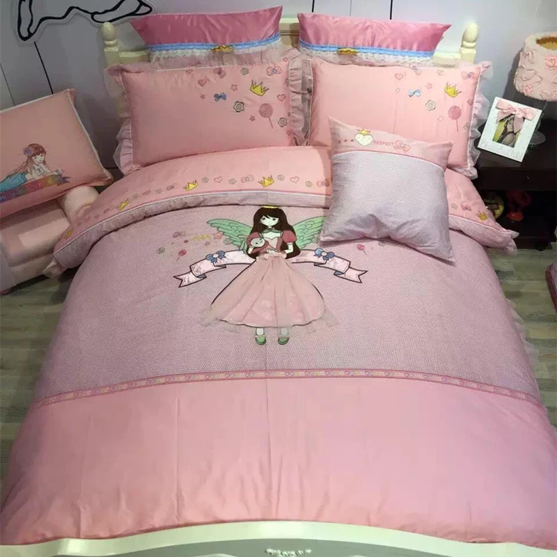 

Luxury 100% Cotton Lovely little princess Lace Bedding Set Embroidery Ruffles Duvet cover Bed Sheet Pillowcases Twin Queen size