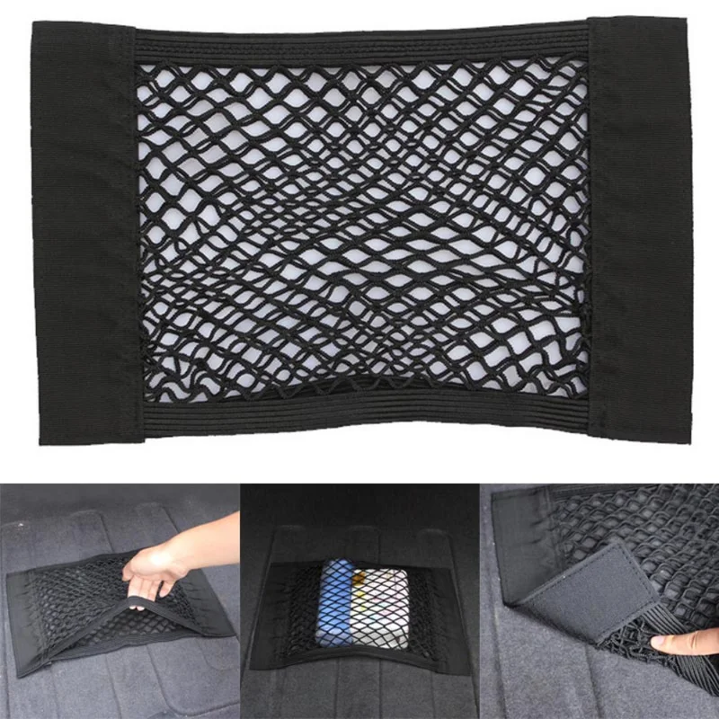 

Black 50/40/35/20*25cm Car Trunk Net Box Storage Bag Mesh Net Bag Magic Tape Sticking Holder Pocket Organizer