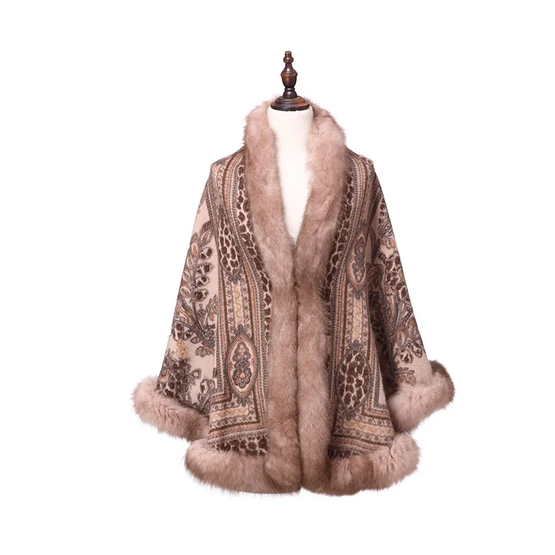 

ZY87040 Special Design Luxurious Cashmere Arc-Shaped Fox Collar Print Winter Christmas Women Shawl Wraps Pashmina