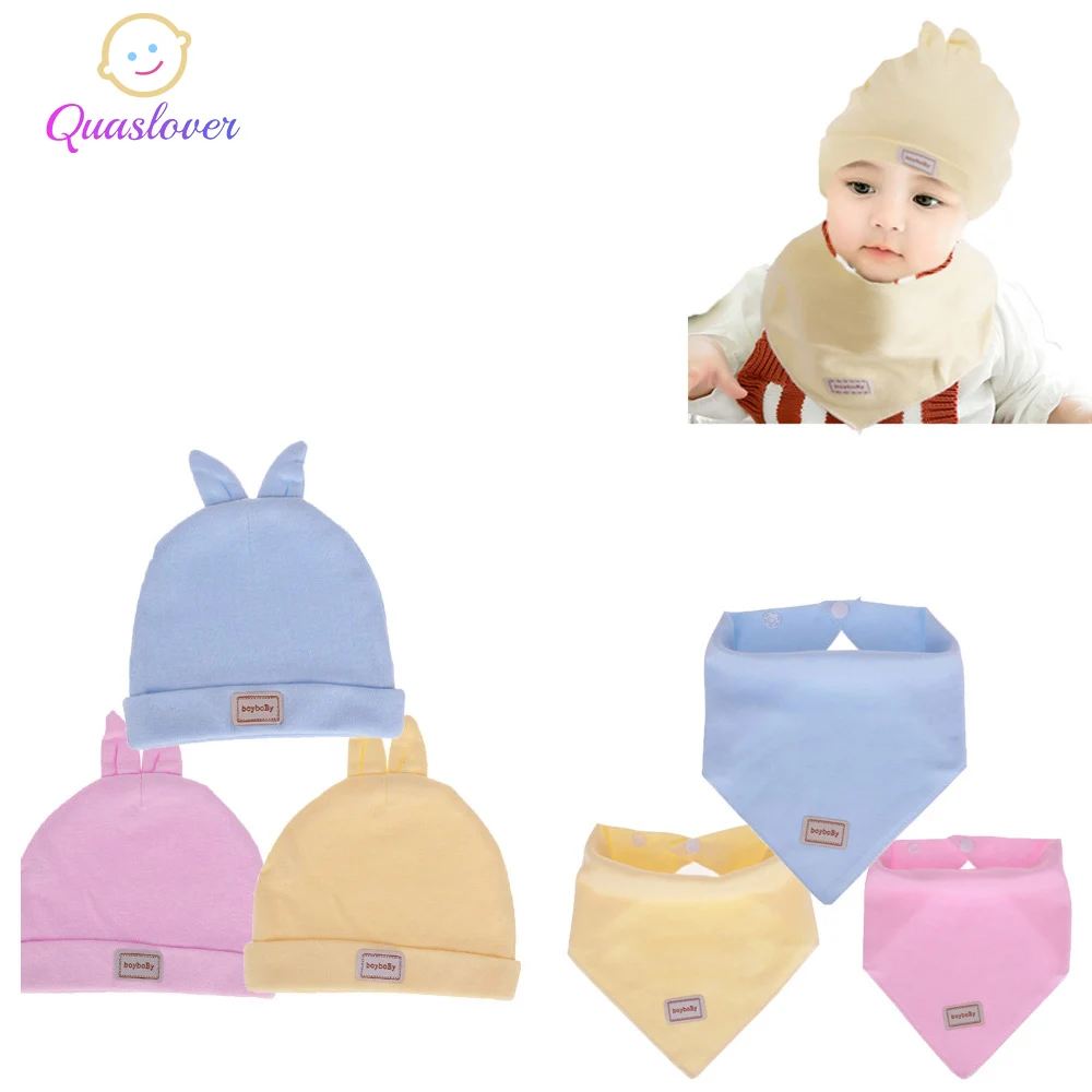 

Quaslover 3 Color Pink Yellow Sky Blue Baby Elastic Headscarf Double Layer Cotton Cap Rabbit Ear Hats+Baby Bibs Set for Newborn