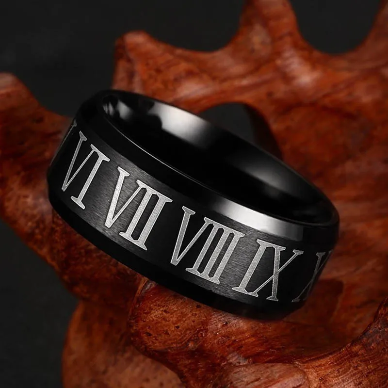 

RoShari Roman numerals black men rings stainless steel cool cocktail wedding ring men jewelry