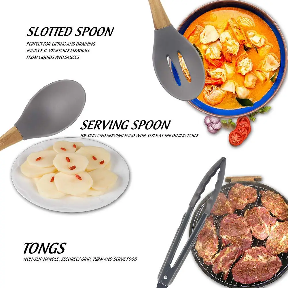 LMETJMA Silicone Kitchen Utensils Set 9-Piece Cooking Tools Set with Bamboo Holder Non-stick Cookware KC0212
