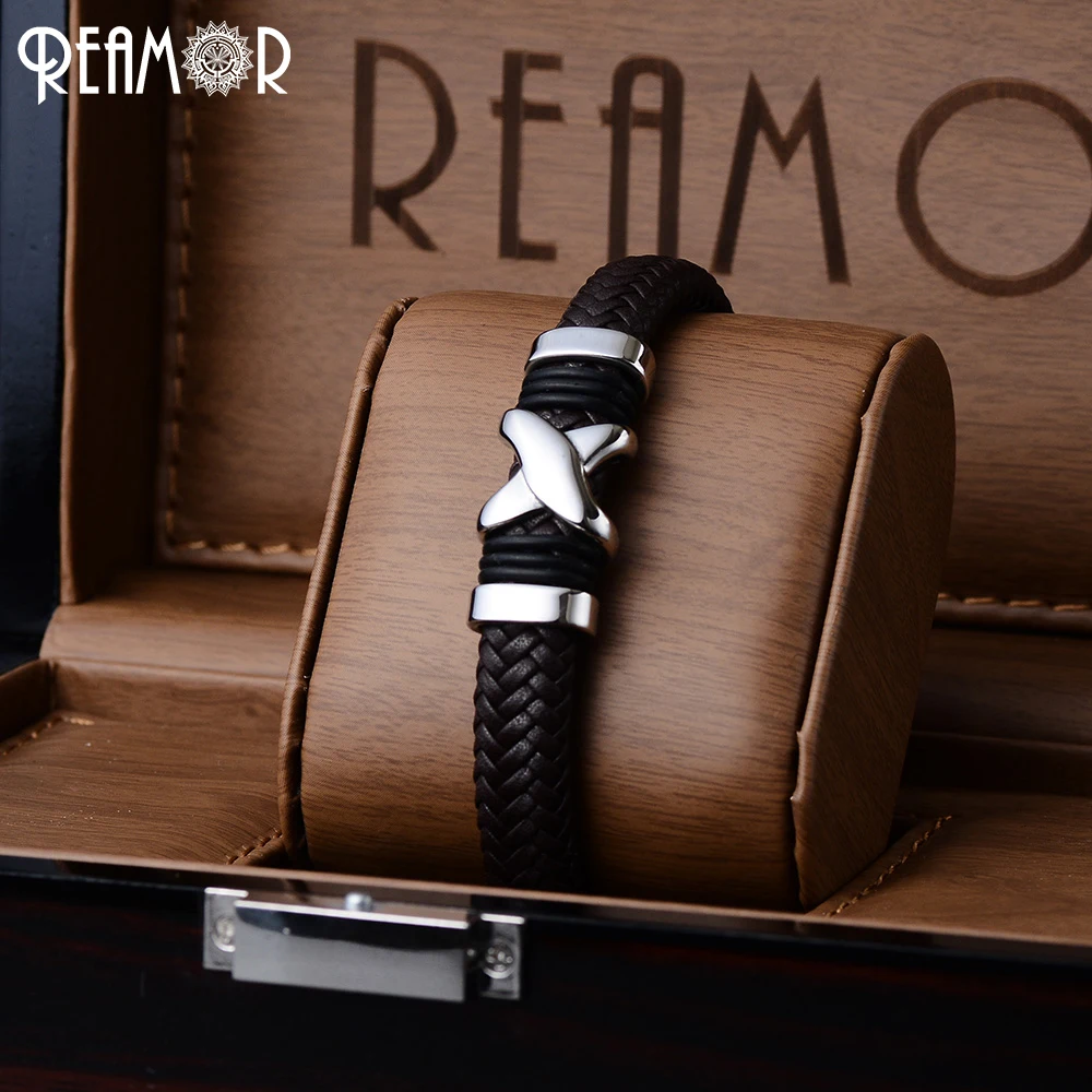 Мужской браслет талисман REAMOR с буквой X из нержавеющей стали 316L широкий плетеный