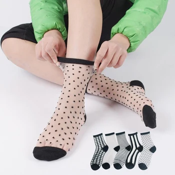 

Sexy Transparent Tulle Socks Women Black Dot Stripe Lace Short Socks Ankle Fashion Elasticity Mesh Sock Female High Quality
