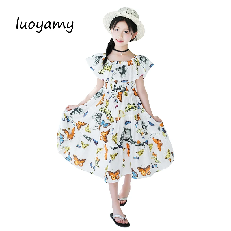 

luoyamy Girls Bohemia Dresses Children Cotton Floral Dress For Girl Beach Printed Clothes Summer Holiday Party 6-15 Years