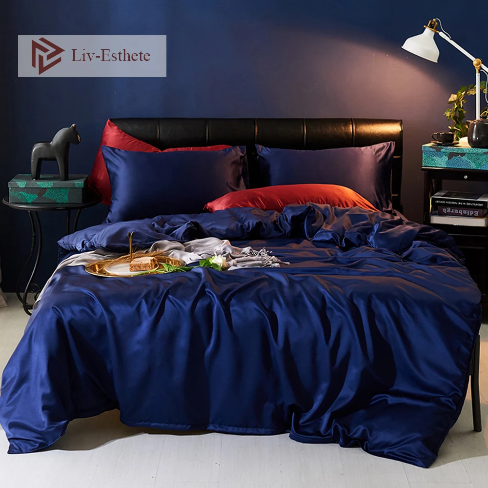 

Liv-Esthete 100% Silk Blue Luxury Bedding Set Silky Duvet Cover Flat Sheet Pillowcase Bed Linen Double Queen King For Adult