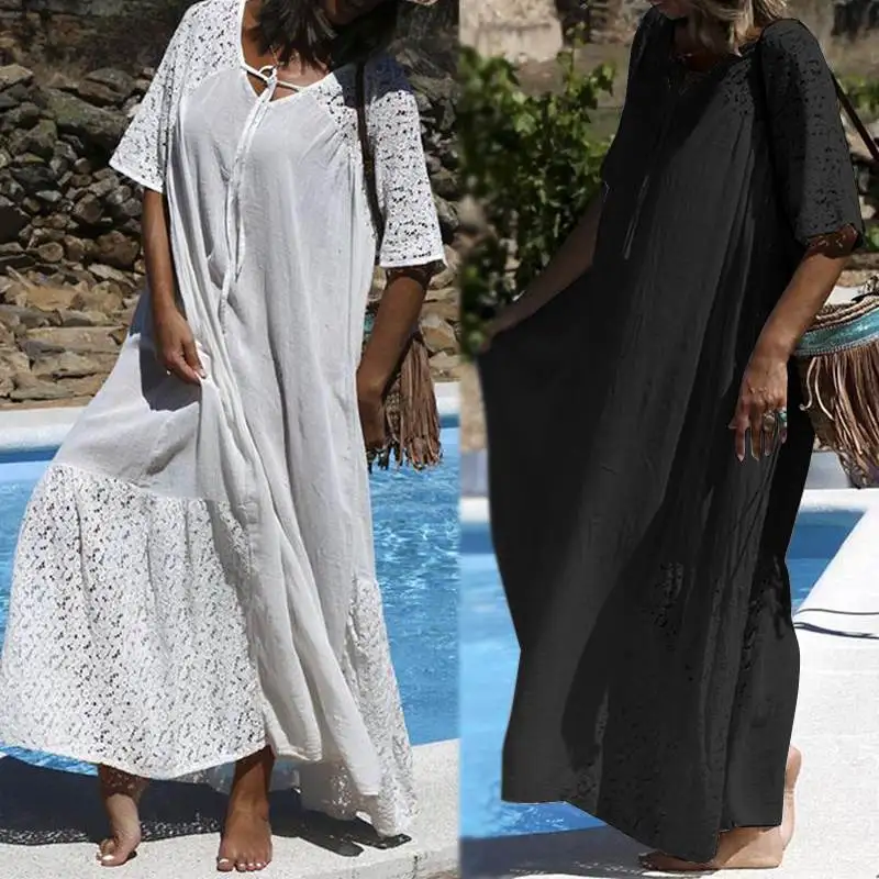 Женский летний сарафан ZANZEA богемное модное кружевное платье Vestidos размера плюс с коротким рукавом Макси платье с v-образным вырезом 5XL