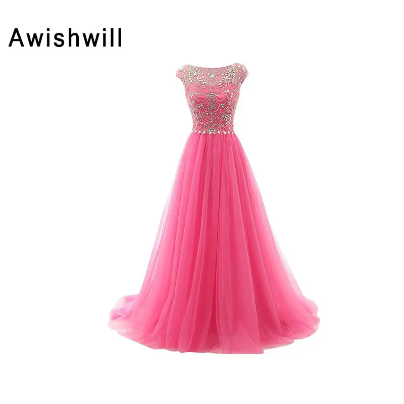 

Fashion Hot Pink Evening Prom Gowns Tulle A Line Beadings Long Evening Dress 2017 Cap Sleeve Vestidos de noche largos