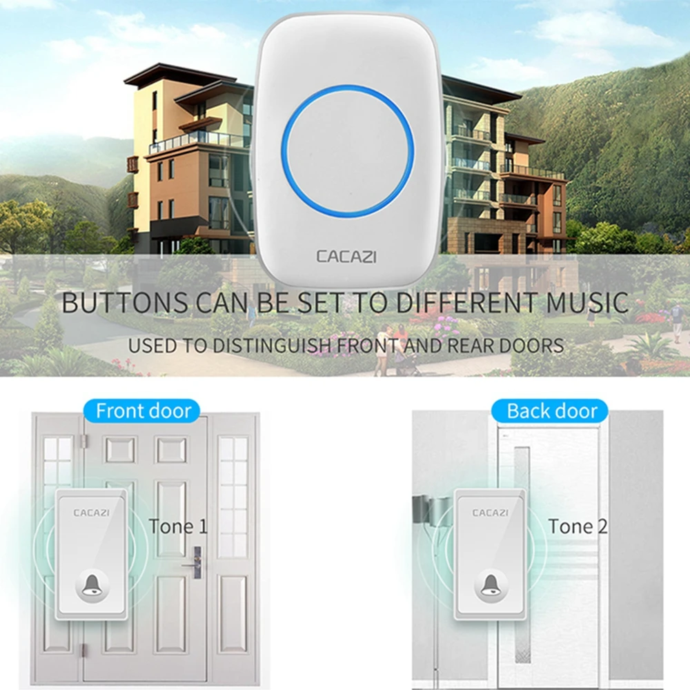 CACAZI домашний без батареи требуется беспроводной дверной звонок Водонепроницаемый 1 2 кнопки 1 2 приемник автономный дверной звонок США ЕС Великобритания AU Plug
