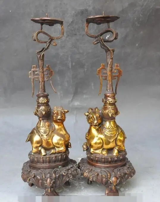 

S03658 14" China bronze gilt animal zodiac Sheep statue Candlesticks Candle Holder pair B0403